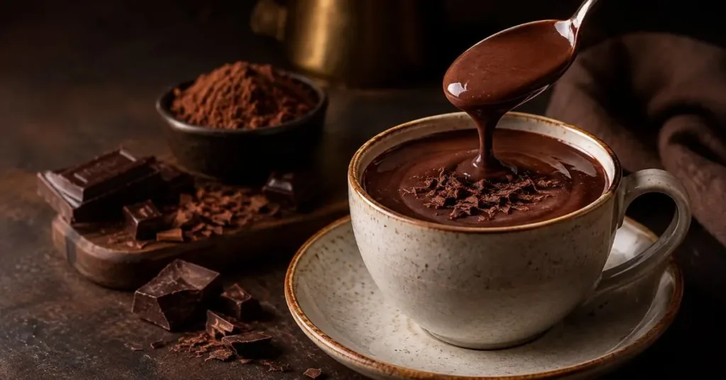 Italian hot chocolate in a ceramic cup with chocolate shavings