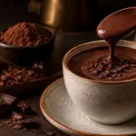 Italian hot chocolate in a ceramic cup with chocolate shavings