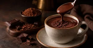 Italian hot chocolate in a ceramic cup with chocolate shavings