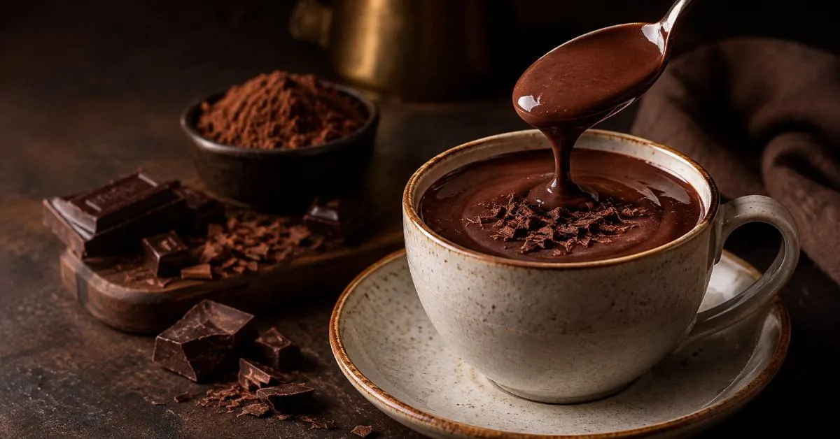 Italian hot chocolate in a ceramic cup with chocolate shavings
