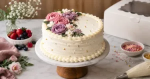 Customized floral buttercream cake with pink and purple roses at The Chocolate Room Etobicoke, Toronto.